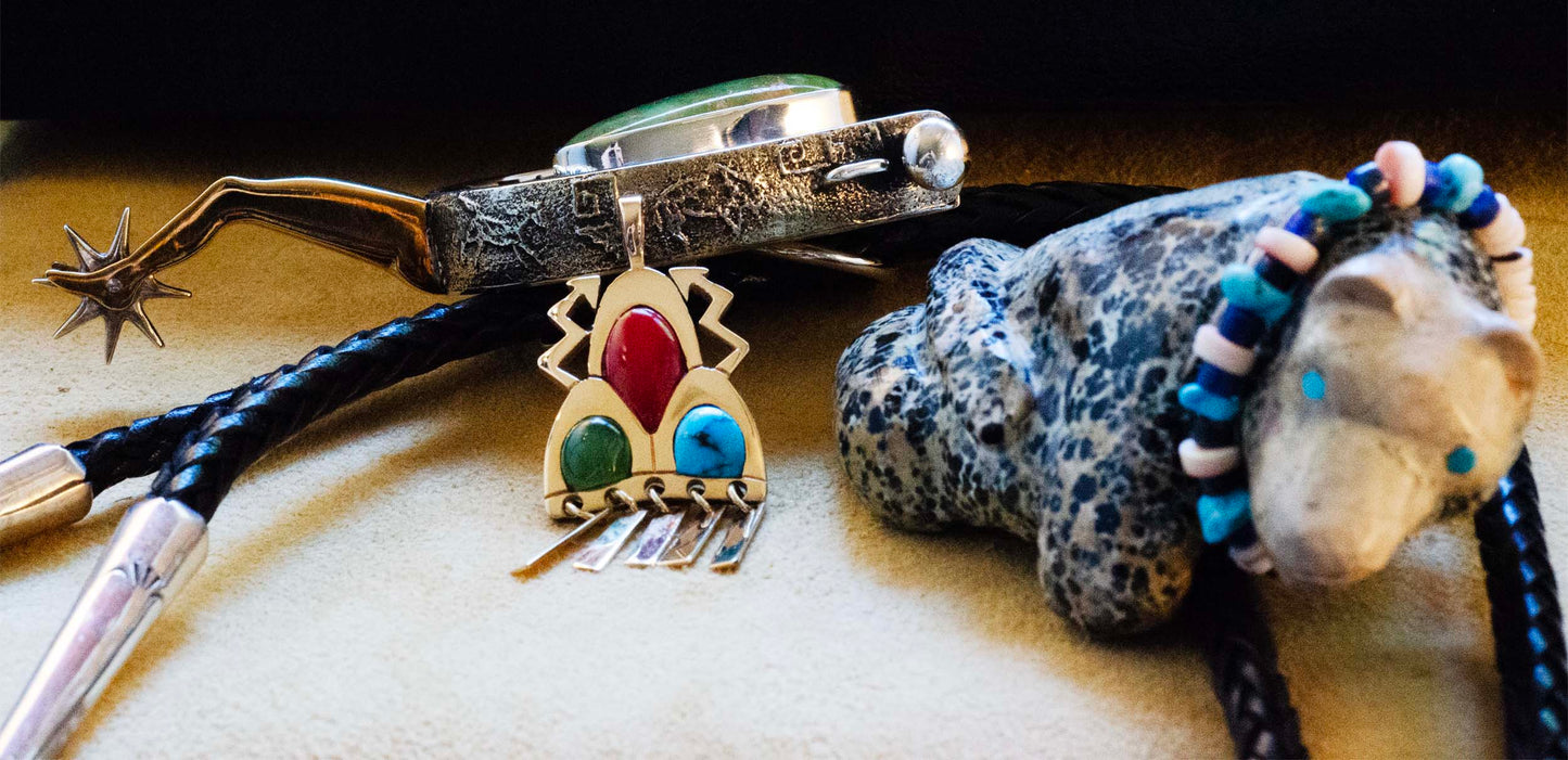 Silver Spur Bolo Tie w Large Turquoise Gem handmade by Lonn Parker, Navajo