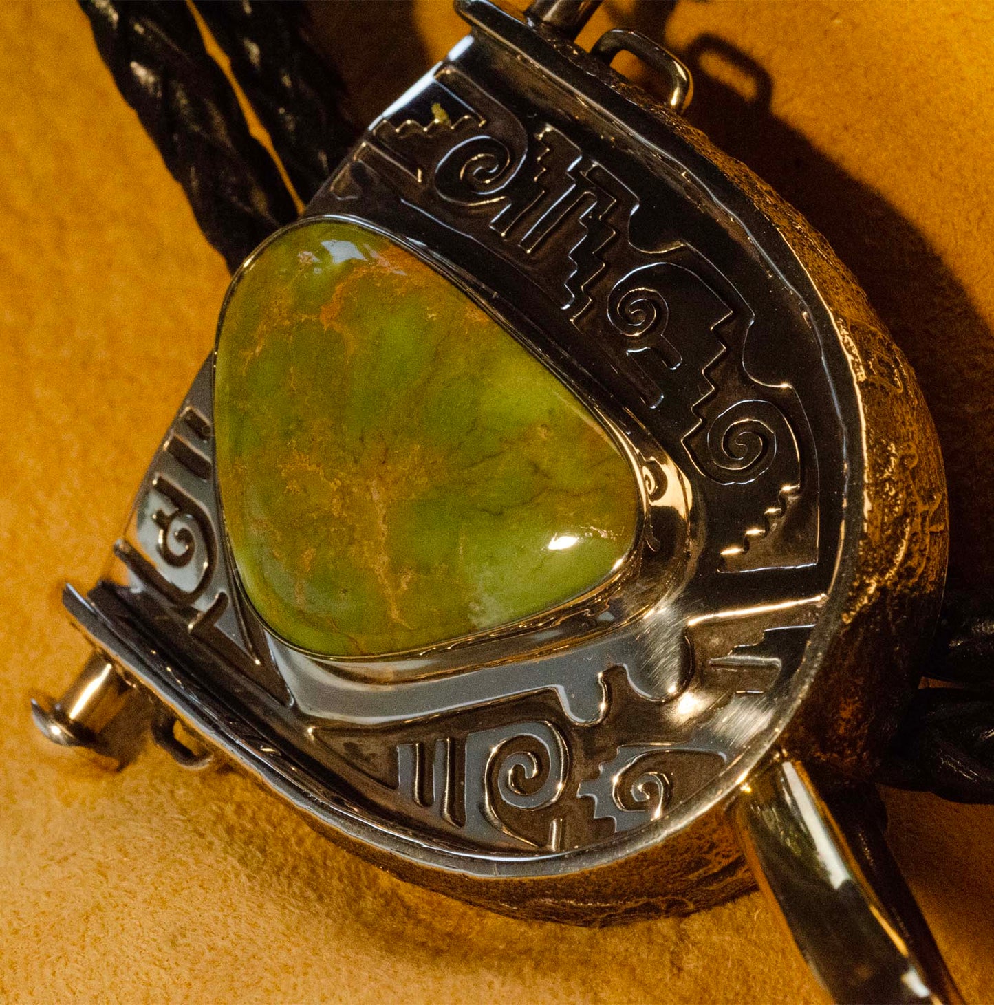 Silver Spur Bolo Tie w Large Turquoise Gem handmade by Lonn Parker, Navajo