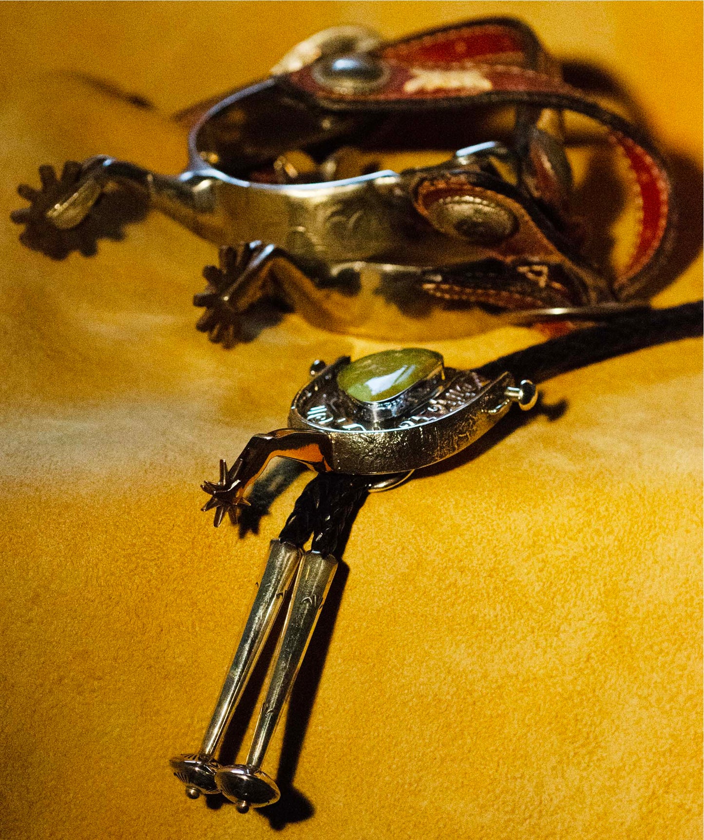 Silver Spur Bolo Tie w Large Turquoise Gem handmade by Lonn Parker, Navajo