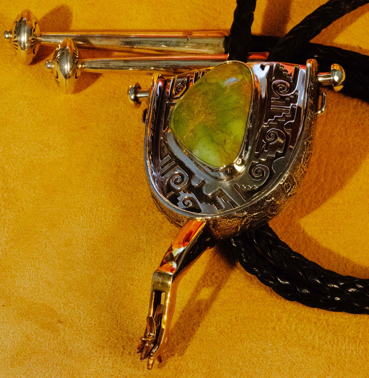 Silver Spur Bolo Tie w Large Turquoise Gem handmade by Lonn Parker, Navajo