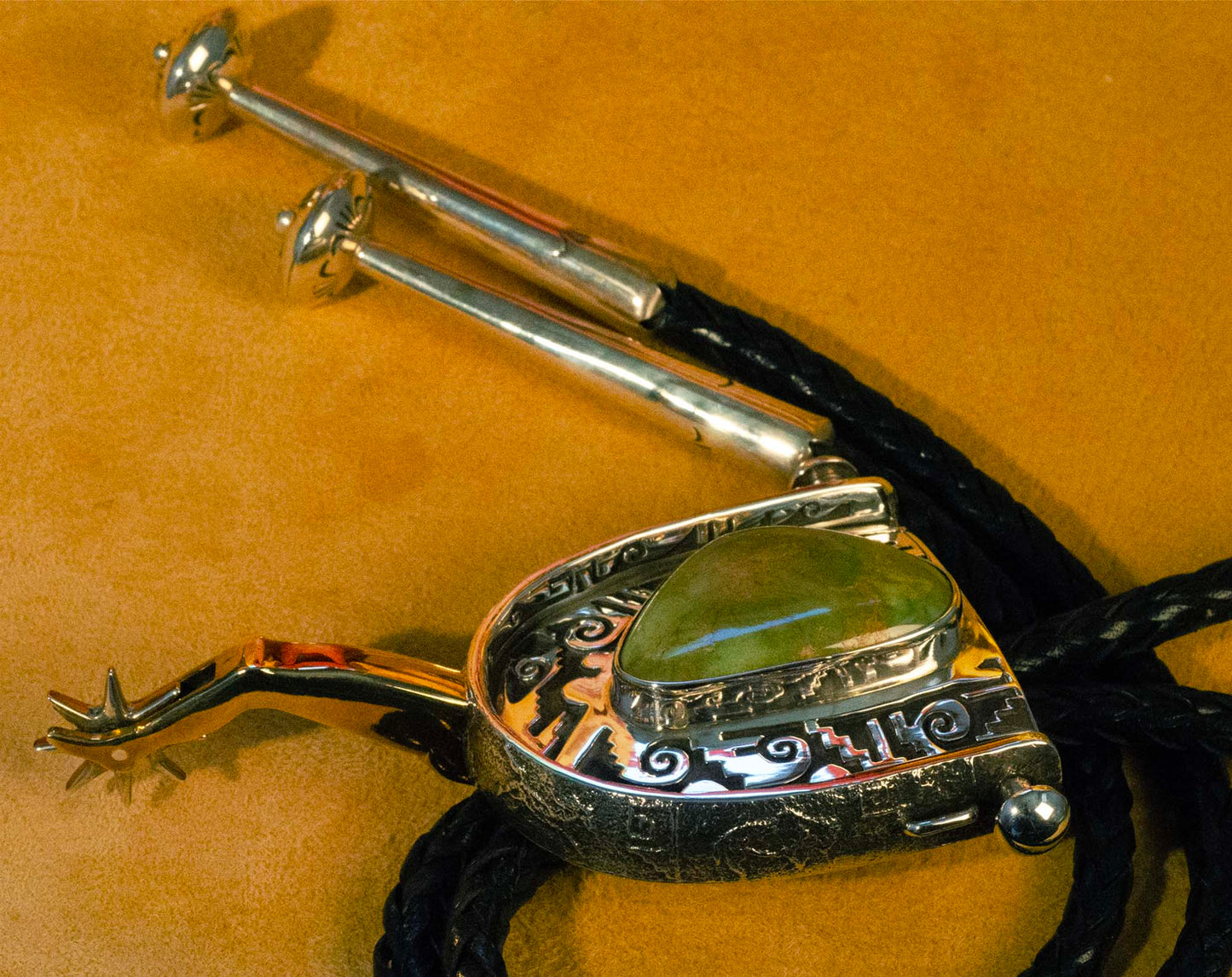 Silver Spur Bolo Tie w Large Turquoise Gem handmade by Lonn Parker, Navajo