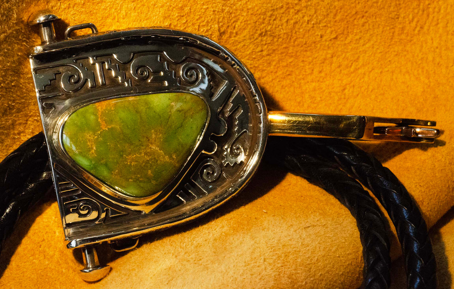 Silver Spur Bolo Tie w Large Turquoise Gem handmade by Lonn Parker, Navajo