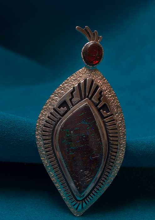 Native American Silver Black Opal and Ammonite Pendant / Pin Jewelry Philbert Begay
