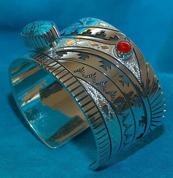 Turquoise and Coral Native American Bracelet Jewelry Alton Bedonie