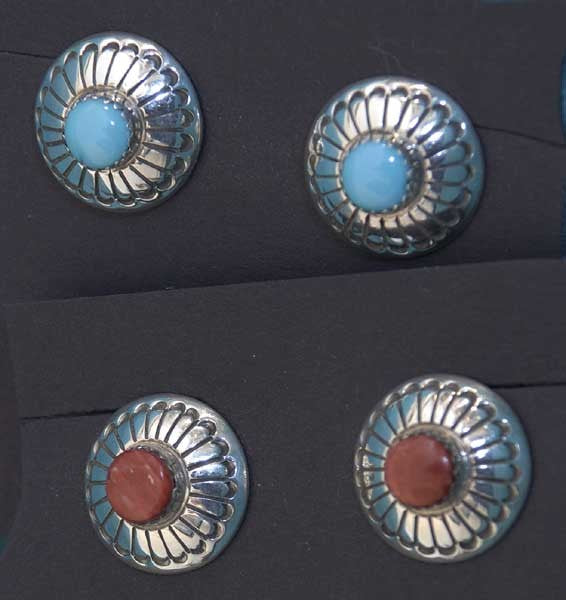 Marie Yazzie Turquoise and Coral Button Earrings
