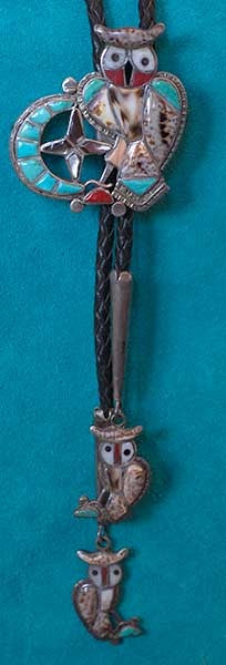 Theodore Edaakie Zuni Pueblo Owl Bolo Tie