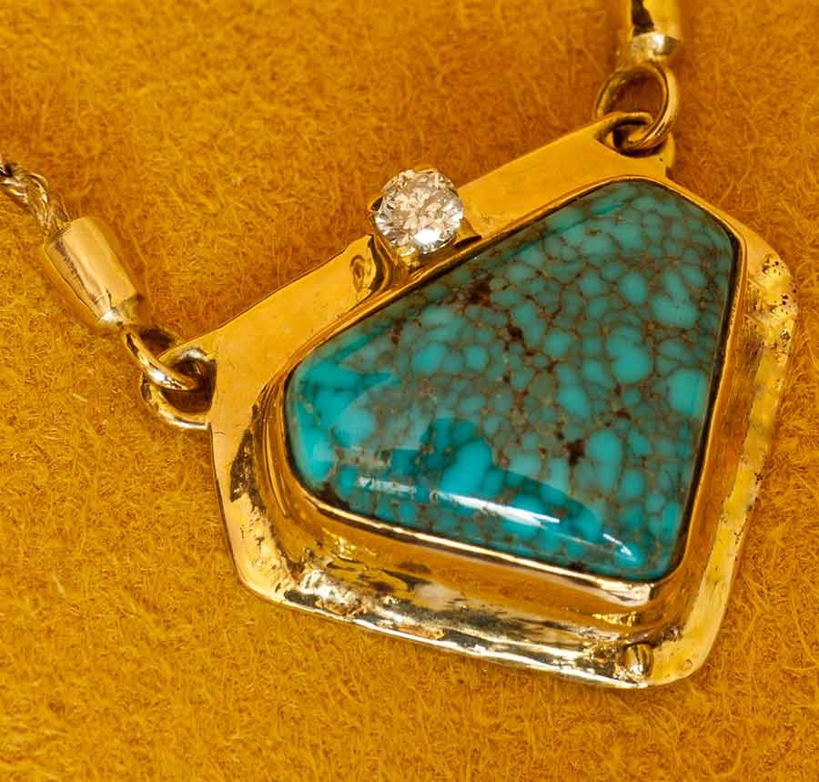 Lone Mountain Turquoise 14K Gold Diamond Pendant by John Shopteese