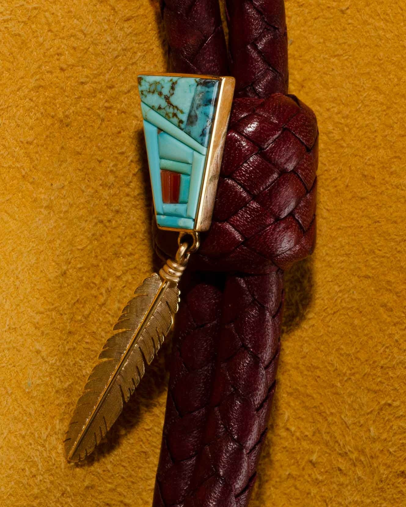 Boyd Tsosie, Gold Bolo Tie with Turquoise, Micro Inlay