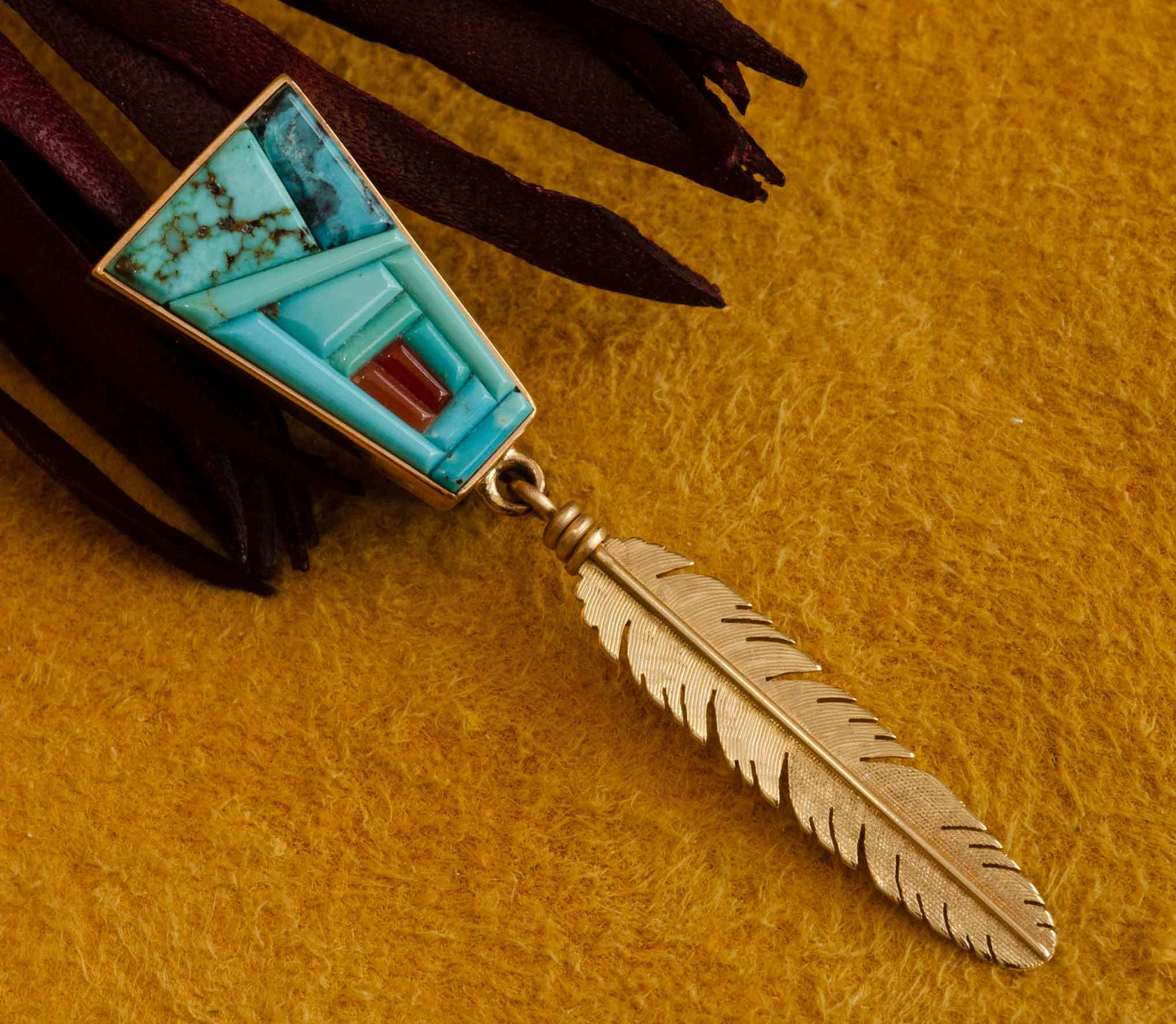 Boyd Tsosie, Gold Bolo Tie with Turquoise, Micro Inlay