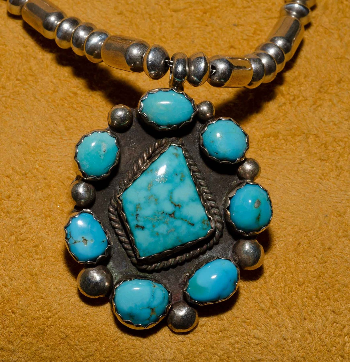 Turquoise Flower Silver Bead Necklace