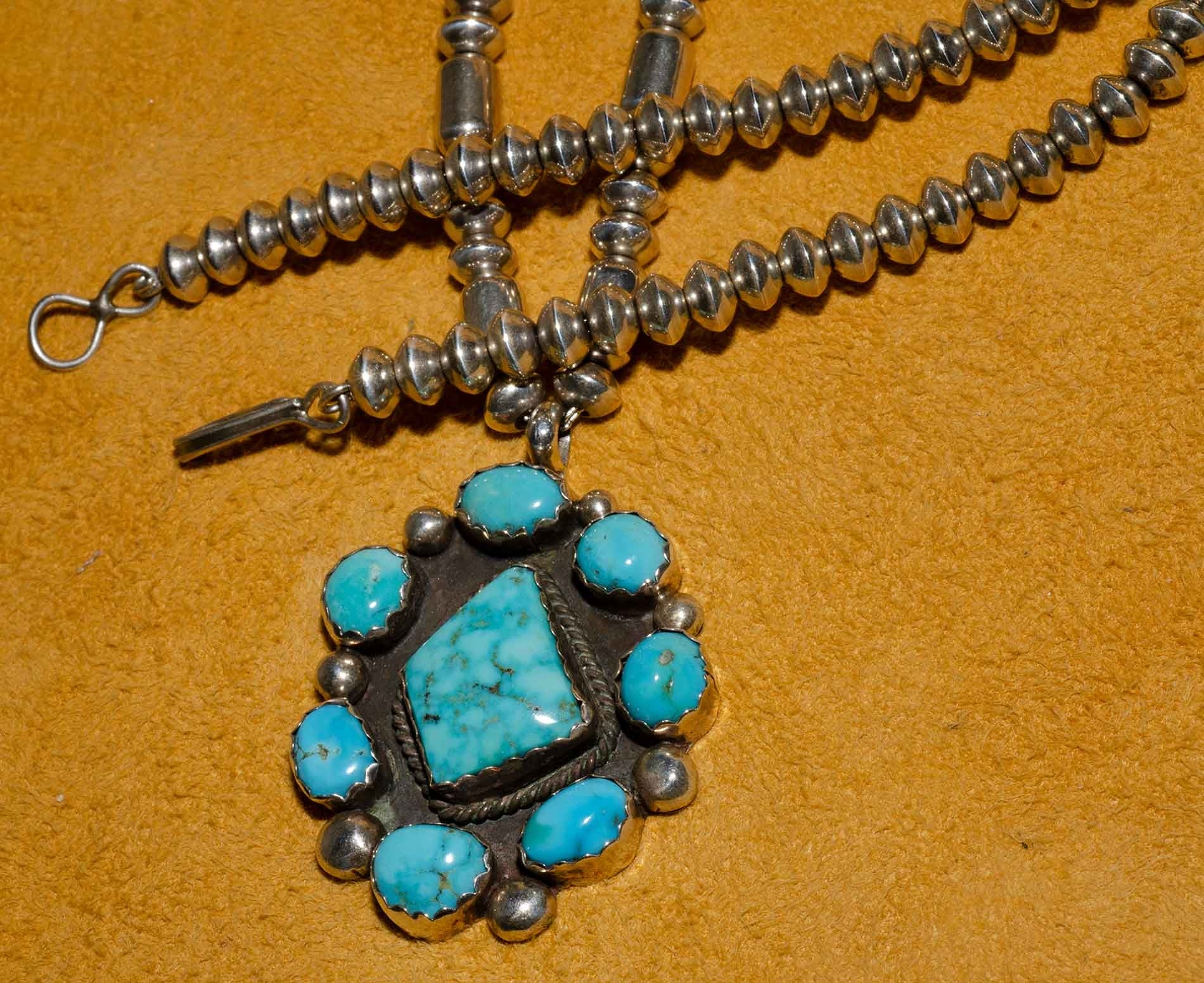Turquoise Flower Silver Bead Necklace