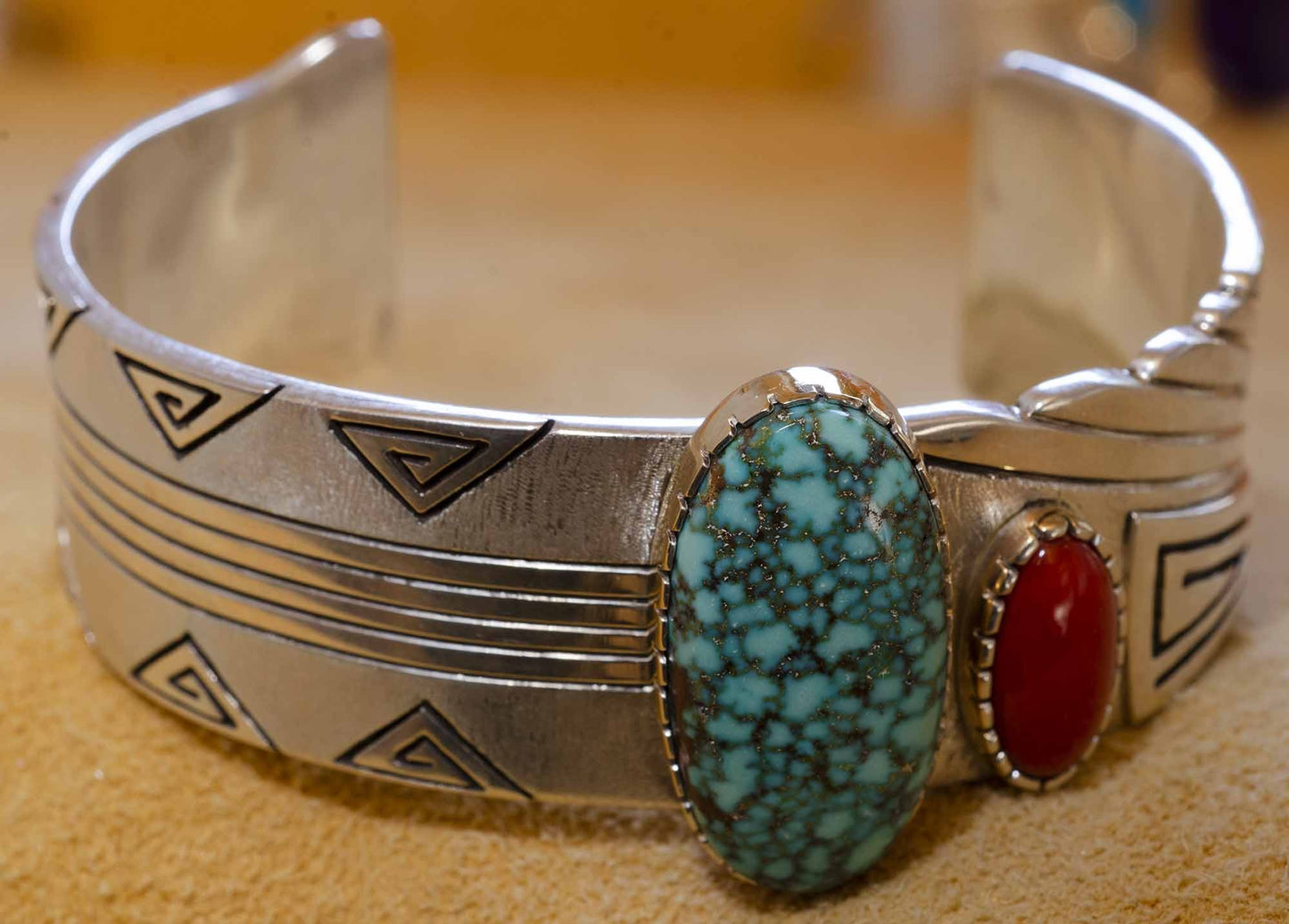 Leo Yazzie - Spider Web Turquoise and Coral Bracelet