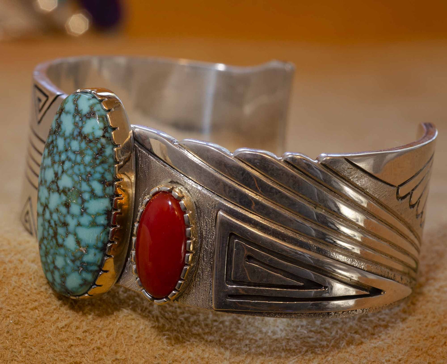 Leo Yazzie - Spider Web Turquoise and Coral Bracelet