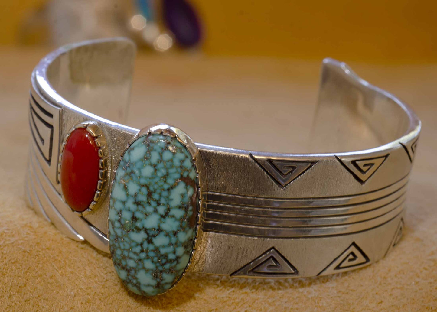 Leo Yazzie - Spider Web Turquoise and Coral Bracelet