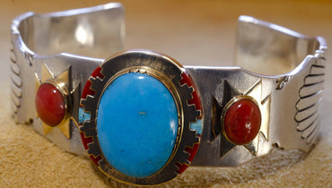 Leo Yazzie - Gold, Silver, Coral and Turquoise Bracelet