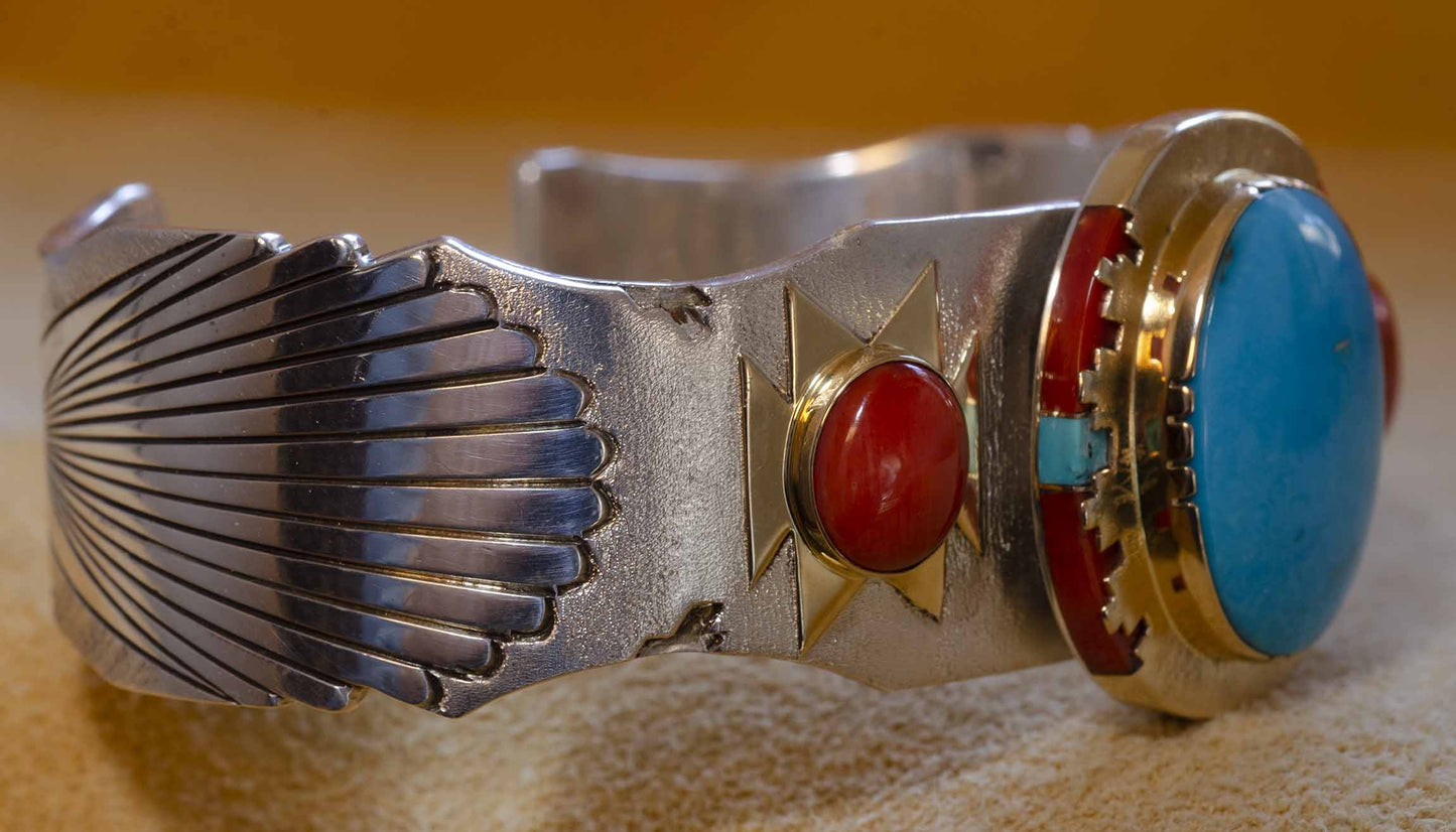 Leo Yazzie - Gold, Silver, Coral and Turquoise Bracelet