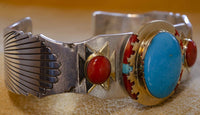 Leo Yazzie - Gold, Silver, Coral and Turquoise Bracelet
