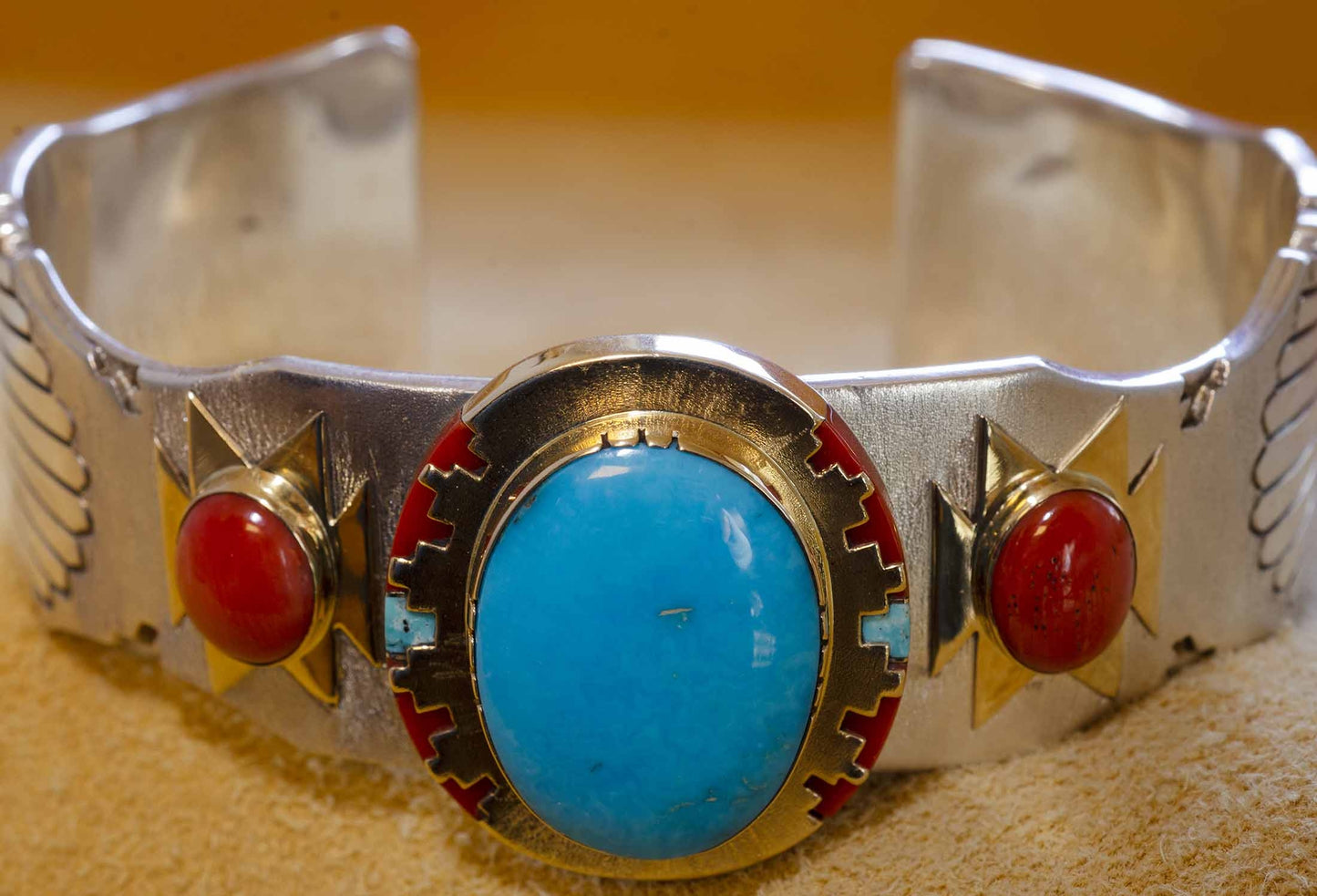 Leo Yazzie - Gold, Silver, Coral and Turquoise Bracelet