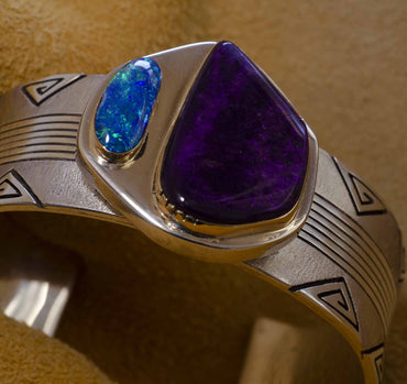 Leo Yazzie - Deep Purple Sugalite and Brilliant Opal Bracelet