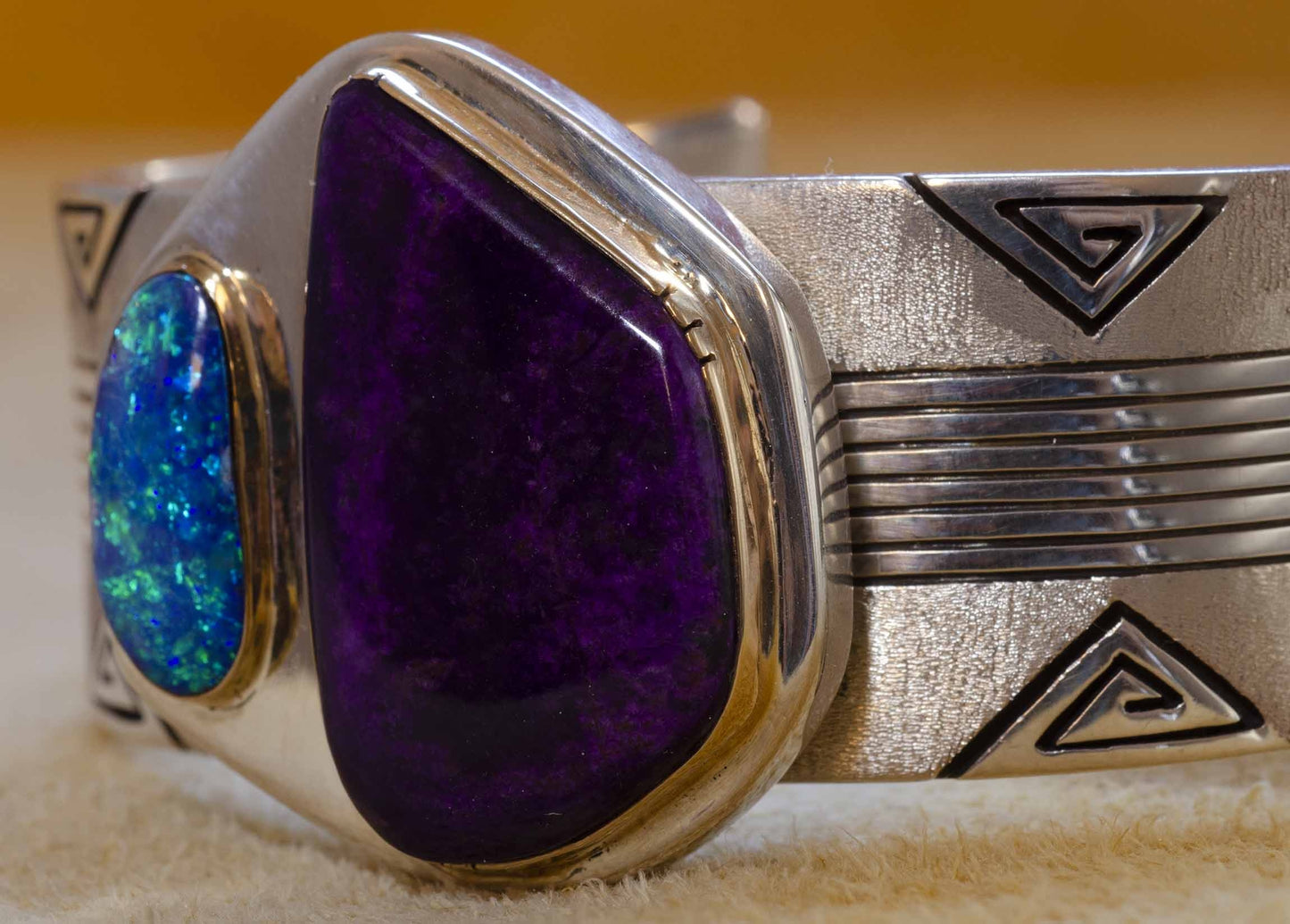 Leo Yazzie - Deep Purple Sugalite and Brilliant Opal Bracelet