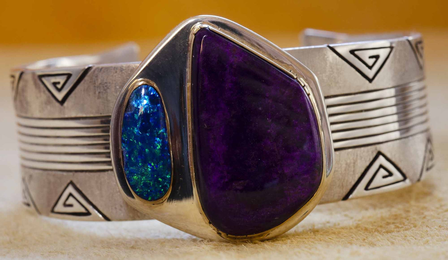 Leo Yazzie - Deep Purple Sugalite and Brilliant Opal Bracelet