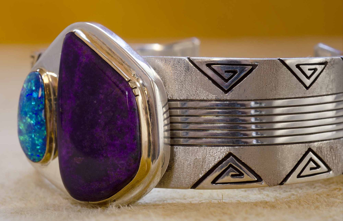 Leo Yazzie - Deep Purple Sugalite and Brilliant Opal Bracelet