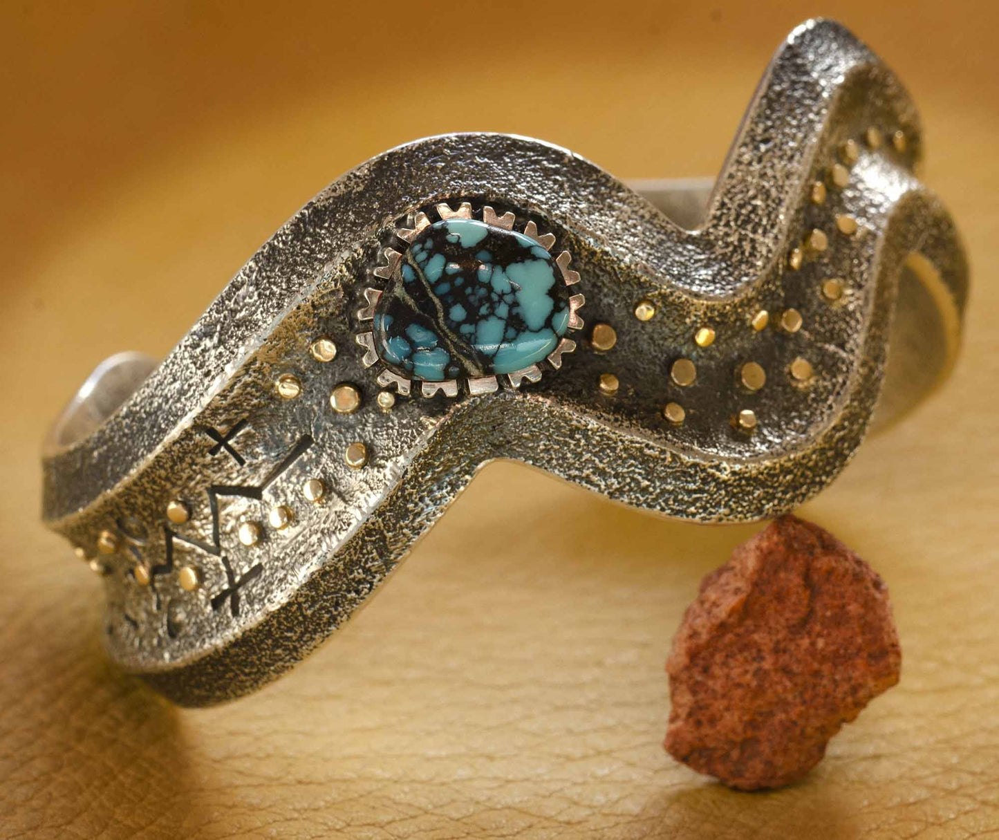 Boyd Tsosie Silver Gold and Turquoise Wave Bracelet-2