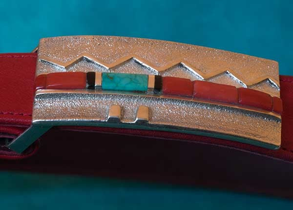 Turquoise Silver and Coral Belt Buckle Edison Cummings