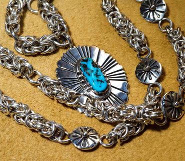 Gem Kingman Turquoise Pendant on a Silver Crochet Necklace