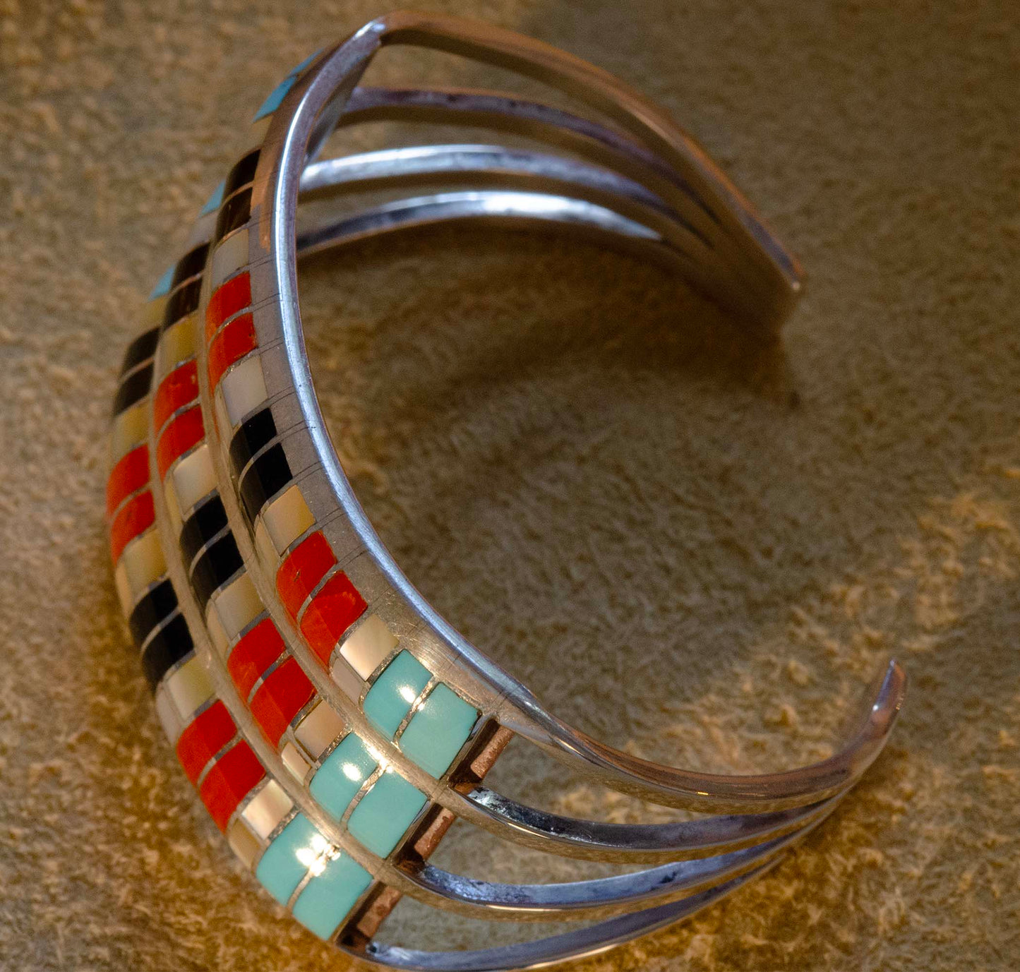 Glendis Tsadiasi, Zuni, Extremely Fine, Channel Inlay, Gem Turquoise Bracelet