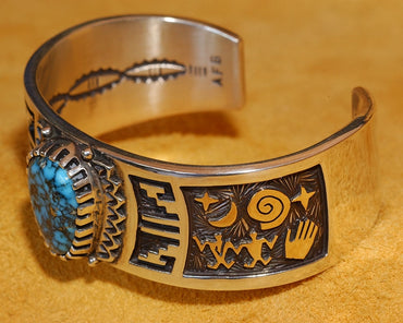 Turquoise, Silver and Gold Bracelet by Arland Ben