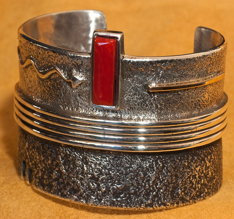 Edison Cummings - OxBlood Red Coral Gem set in Tufa Cast Silver Bracelet