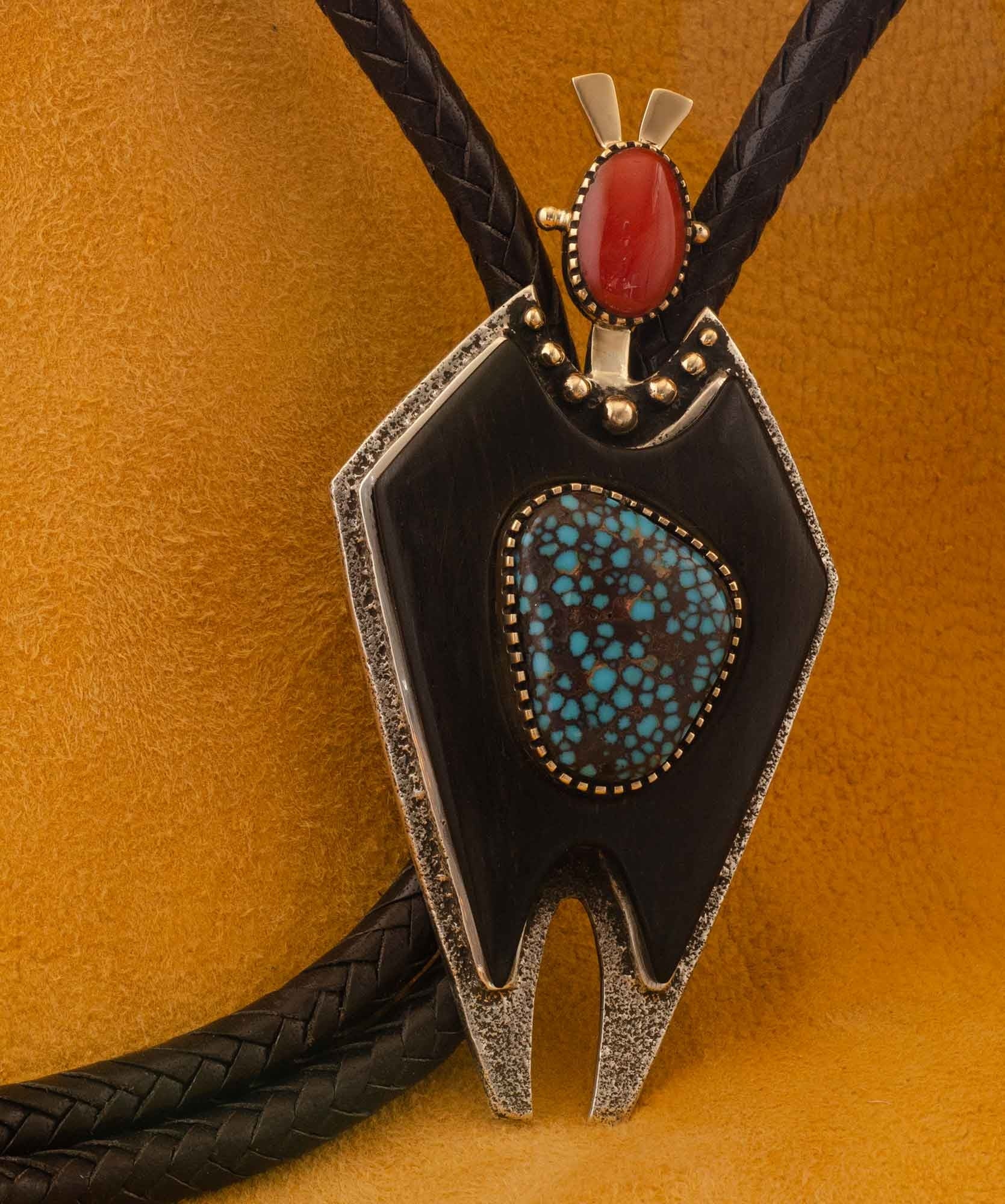 Edison Cummings Powerful Ebony Turquoise And Coral Bolo Tie edison-cummings-powerful-ebony-turquoise-and-coral-bolo-tie