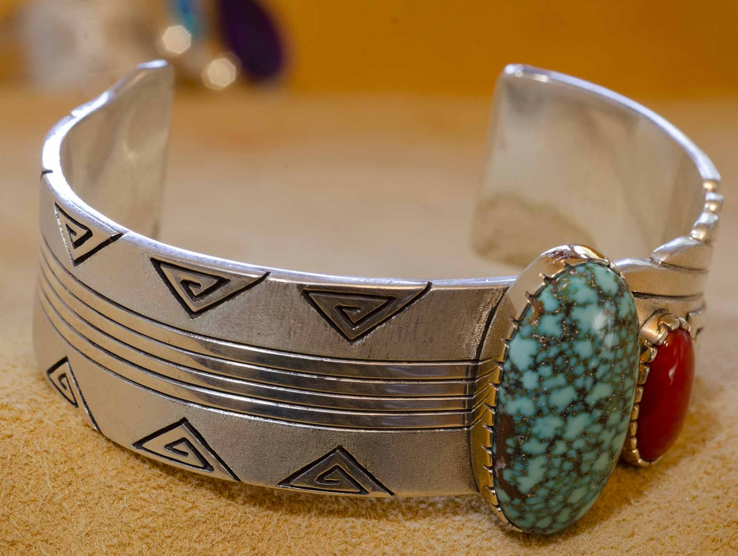 Leo Yazzie - Spider Web Turquoise and Coral Bracelet