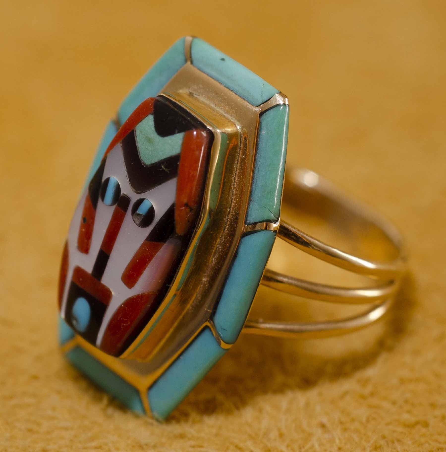 Vintage, Gold and Turquoise Zuni Inlay Ring by Virginia Quam